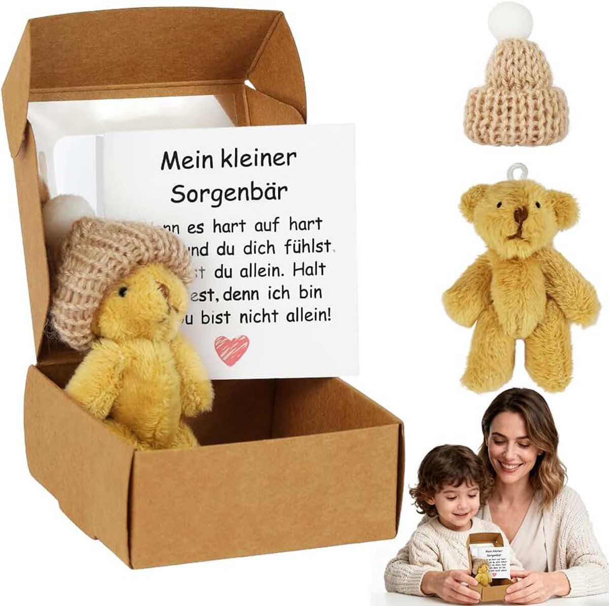 Kleine teddybeer Pocket Hug, Beer in een doos, Kleine teddy met inspirerende Duitse kaart geschenkdoos, Positieve cadeaus voor verjaardag, Kerstmis, bezorging, collega's, vriend (Lichtbruin)