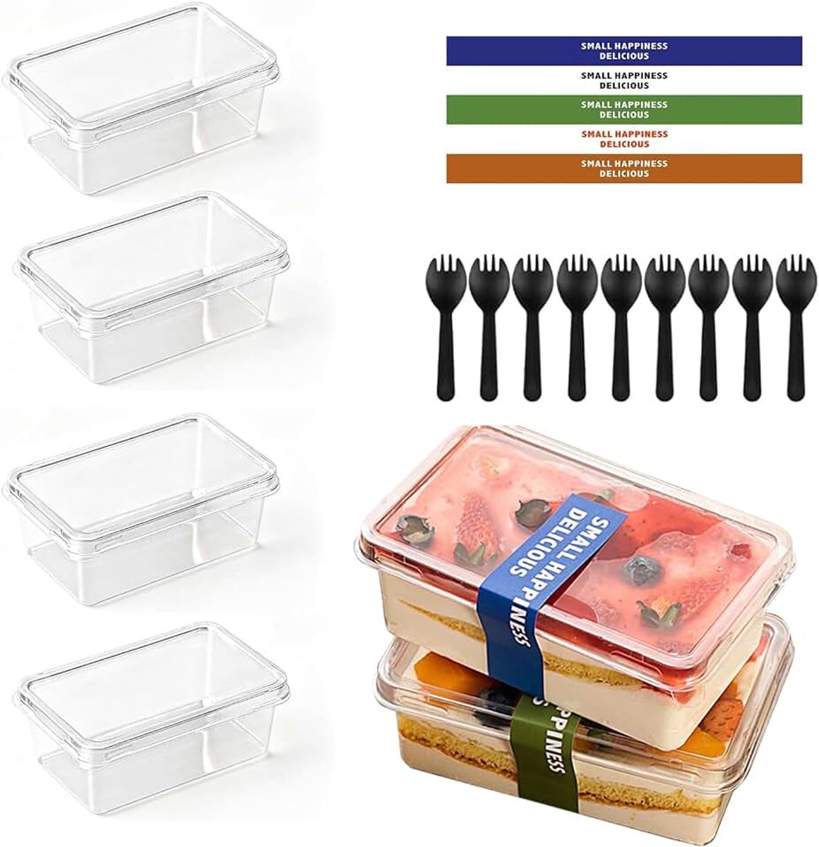 50 stuks dessertbekers van kunststof met deksel, 420 ml dessertbekers, rechthoekig met 50 stuks lepels, herbruikbare kunststof dessertbekers, transparante vierkante dessertbekers voor desserts, ijs