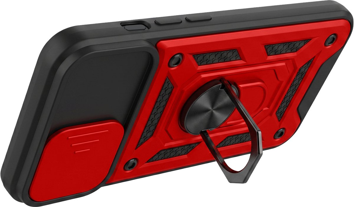 Mayaxess, Hoesje met Ring Geschikt voor Apple iPhone 16e Schuifbare Cameraschuif en Magneet, Rood / Zwart
