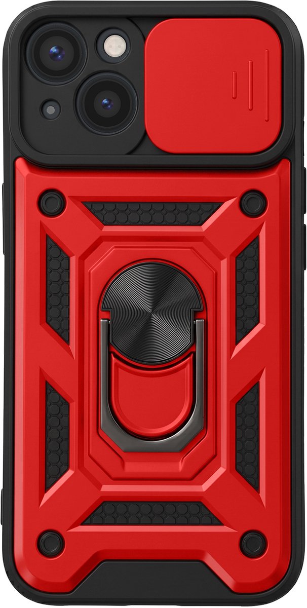 Mayaxess, Hoesje met Ring Geschikt voor Apple iPhone 13 Schuifbare Cameraschuif en Magneet, Rood / Zwart