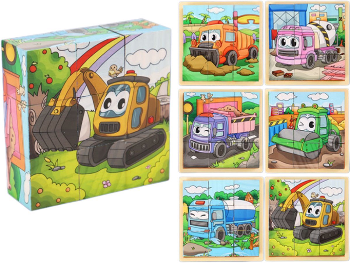 Casalora Houten Kubus 3d Puzzel Kind - 6-in-1 Puzzel Bouwvoertuig met 9 Blokken en Opbergbak - Educatief Speelgoed vanaf 3 Jaar