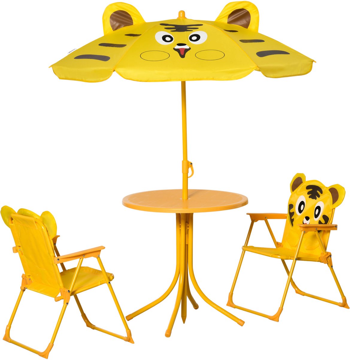 Tuinset voor kinderen - voorzien van een in hoogte verstelbare parasol - een tuintafel en 2 klapstoelen - met tijgermotief, geel