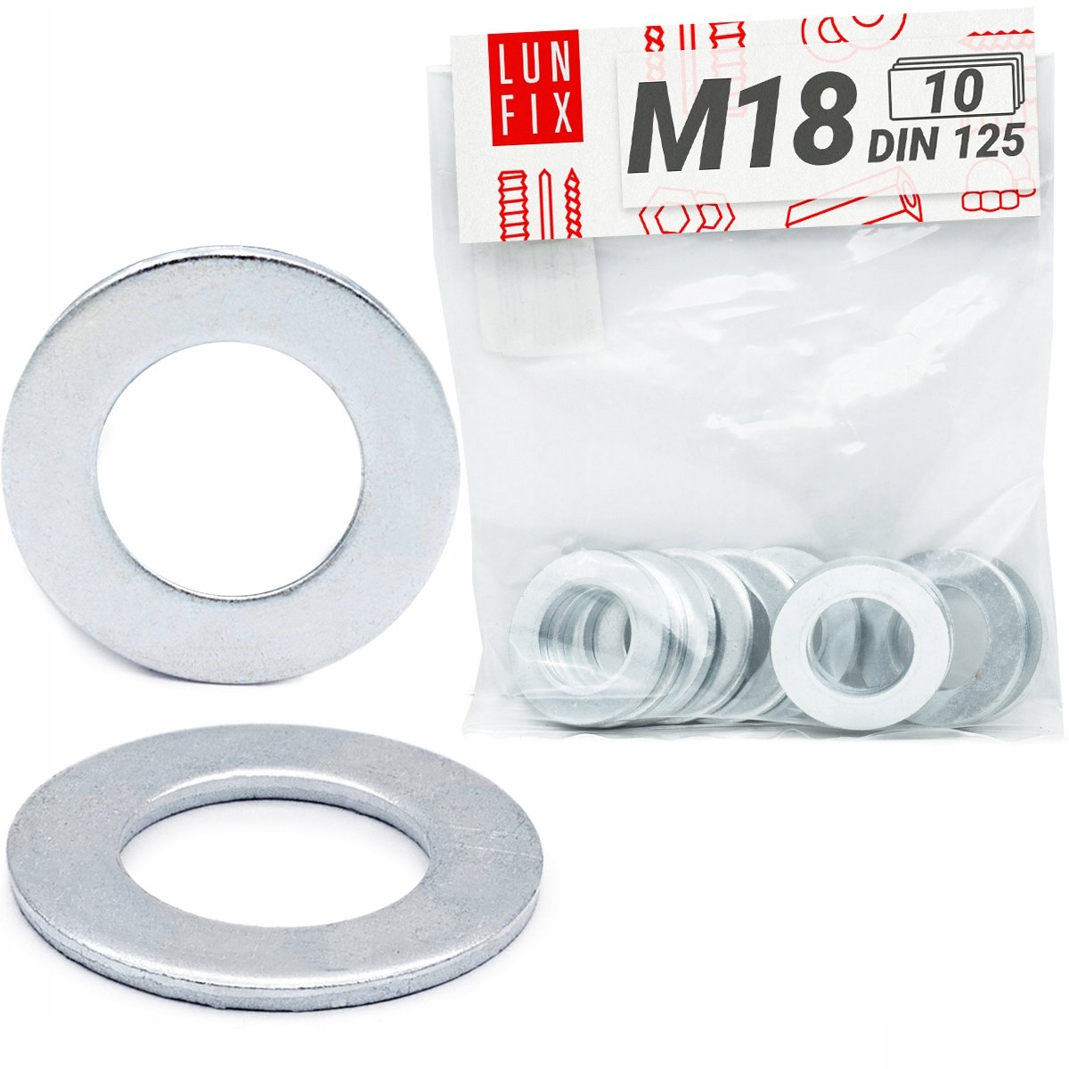 LUN FIX - Platte sluitring M18 verzinkt DIN 125 - 10 stuks