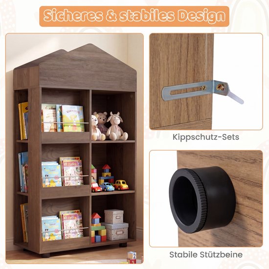 Bruine houten boekenkast in huisvorm, met details over stabiliteit.