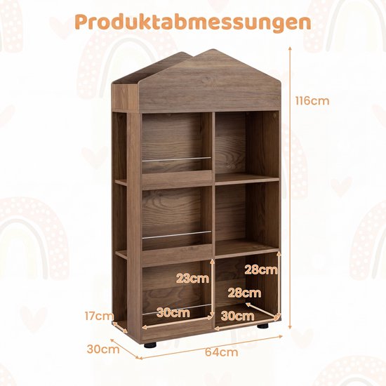 Afmetingen van de bruine houten boekenkast in huisvorm: 116cm hoog.