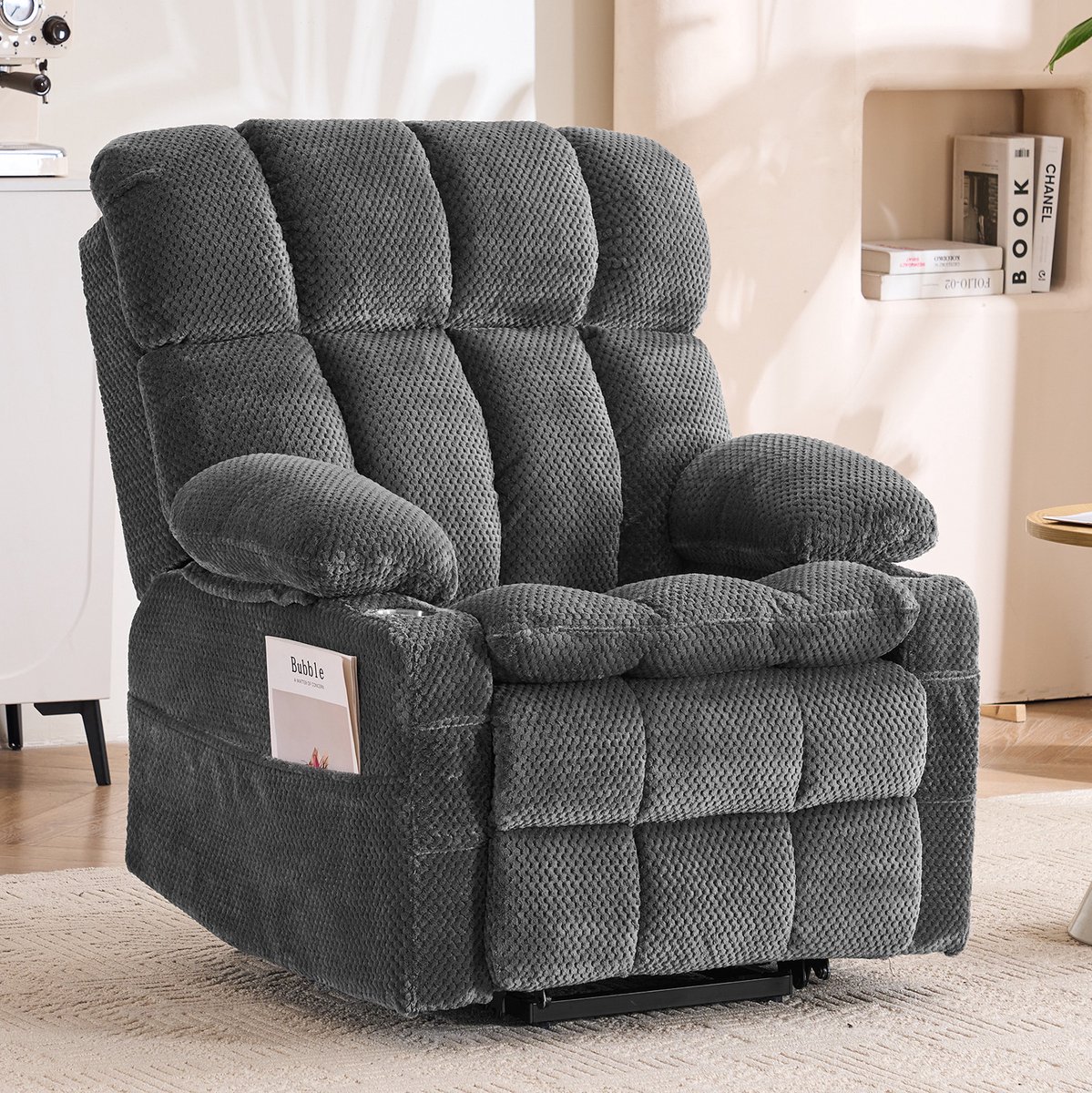 FloraGrace Relaxfauteuil 91 Cm – Elektrisch Verstelbaar Met Sta Op Functie, Massage En Verwarming – Voor Woonkamer – Stof – Grijs