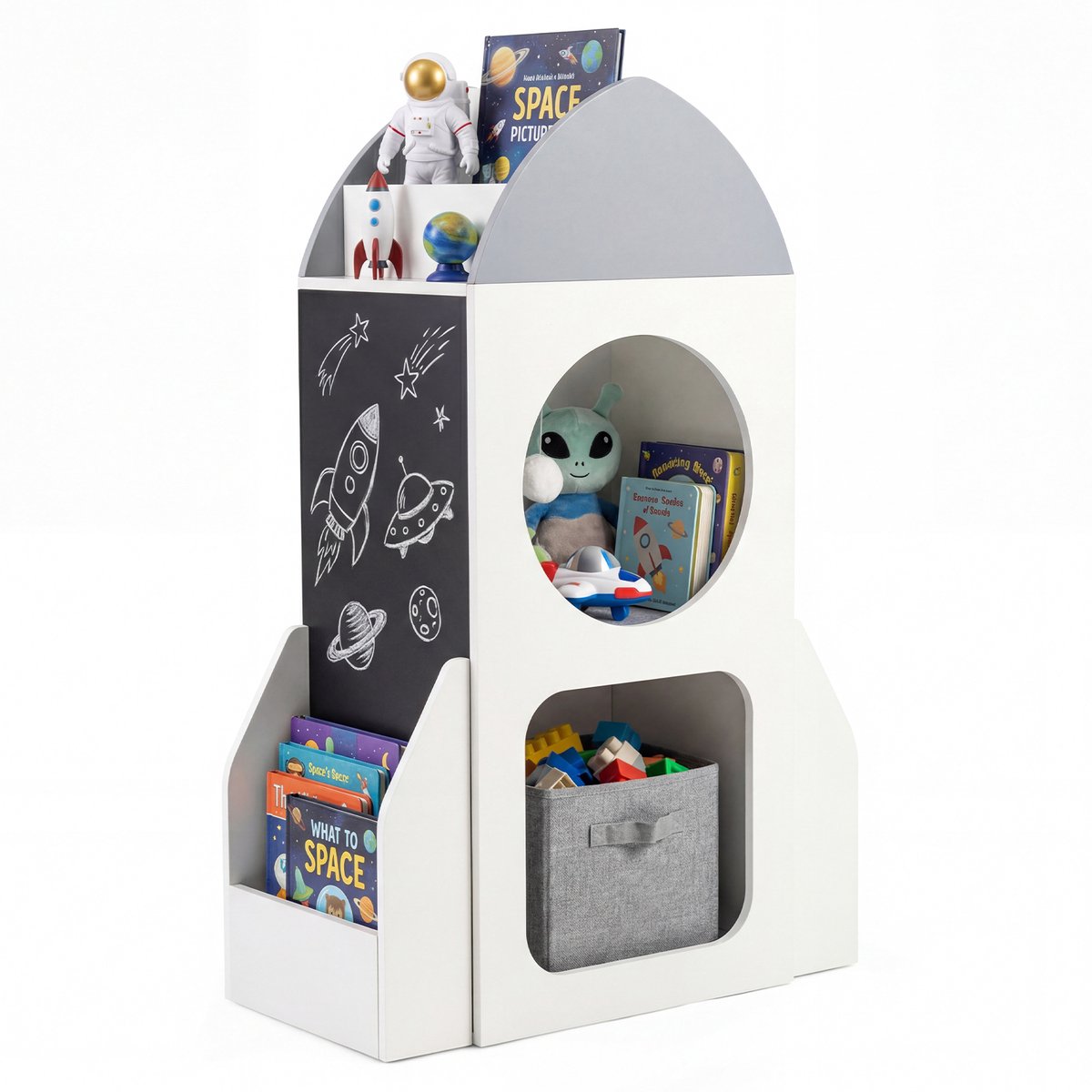 COSTWAY 2-in-1 Boekenplank Kinderen in Raketvorm, 3-laags Kinderplank & Kattenboom met Schoolbord, 2 Vakken, Opbergvak & Bal, Houten Speelgoedplank, Speelgoedorganizer voor Kinderkamer, Speelkamer