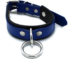 Kiotos - Zwart/Blauwe Lederen Collar met Grote O-Ring