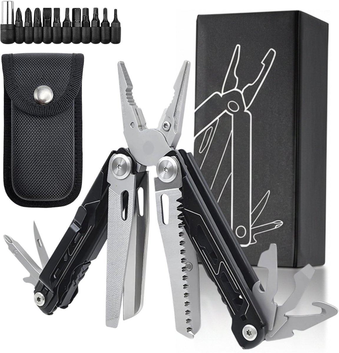 Fokelyi 28 in 1 Multitool Zakmes-Compacte Multifunctionele Schaar En Tang-2Cr13 Roestvrij Staal Combinatietang-11 Verwisselbare Bits En Messchede-Hittebestendig En Corrosiebestendig-Voor Survival En Camping