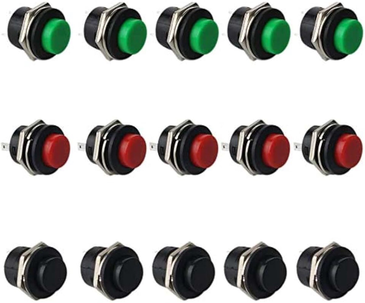 15-pack spst-druktoetsschakelaars, momentary mini push button schakelaar, AC 250V / 3A AC 125V / 6A geen vergrendeling veermechanisme drukknop schakelaar