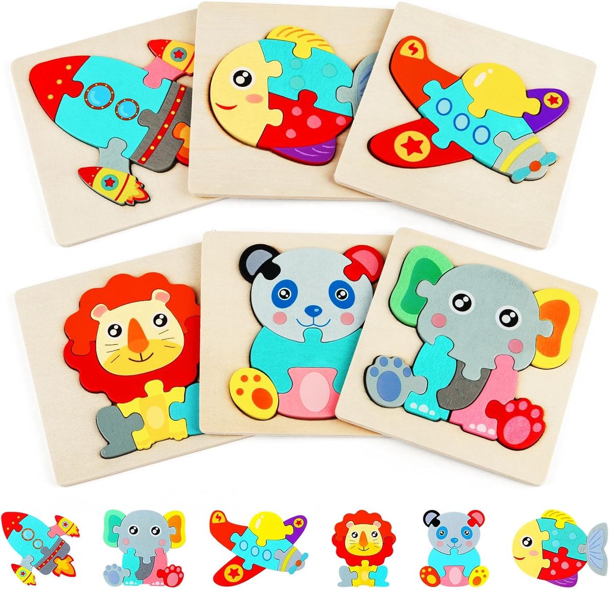 Houten Puzzels, 6 Stuks 3D Dierenpuzzel Speelgoed Baby's Games, Vormnummerpuzzel Jigsaw Set, Houten Legpuzzels voor Peuters,cadeau, educatief speelgoed, voor kinderen van 1-3 jaar (Olifant)
