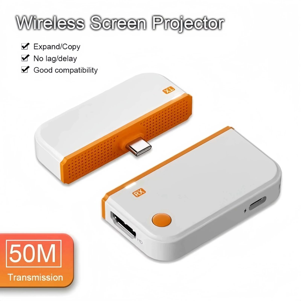 Cherrys Finds - Draadloze HDMI Adapter - Draadloze Beamer Zender - Films Streamen - Plug and Play Gemak - 50 Meter Bereik - Wit en Oranje
