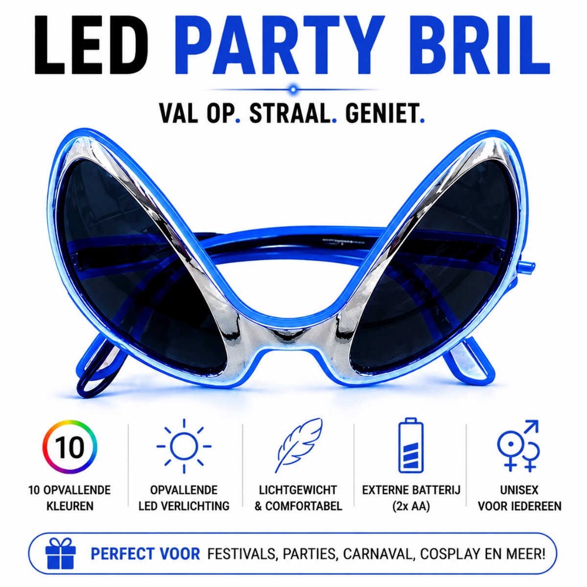 GlowAlien LED Bril – Festival & Party Bril – Koningsdag & Carnaval – Blauw Licht – 3 Lichtmodi