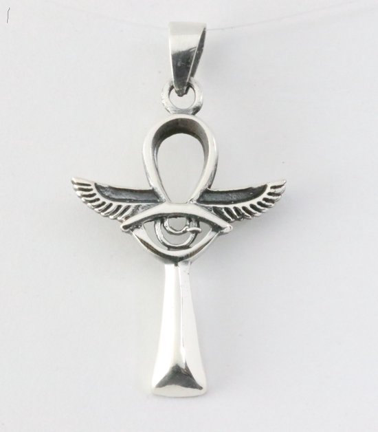 Zilveren ankh hanger met vleugels en het oog van Horus, met gladde afwerking.
