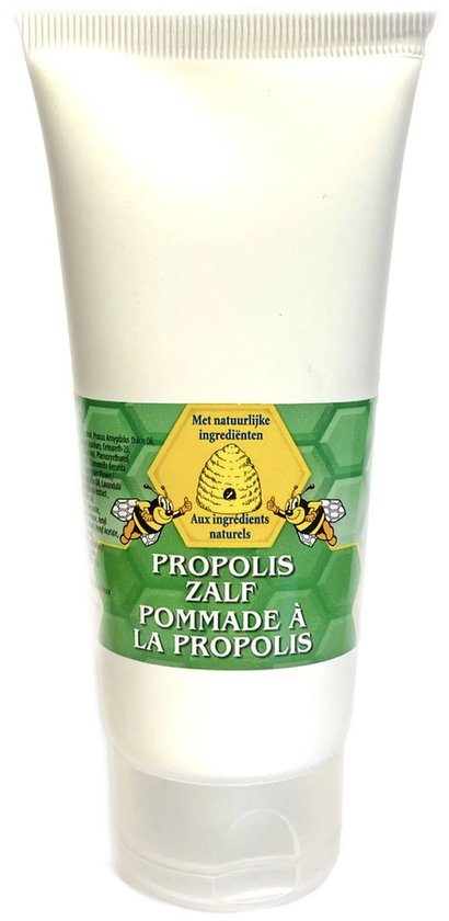 Witte tube met groene band met de tekst 'PROPOLIS ZALF' en twee bijen.