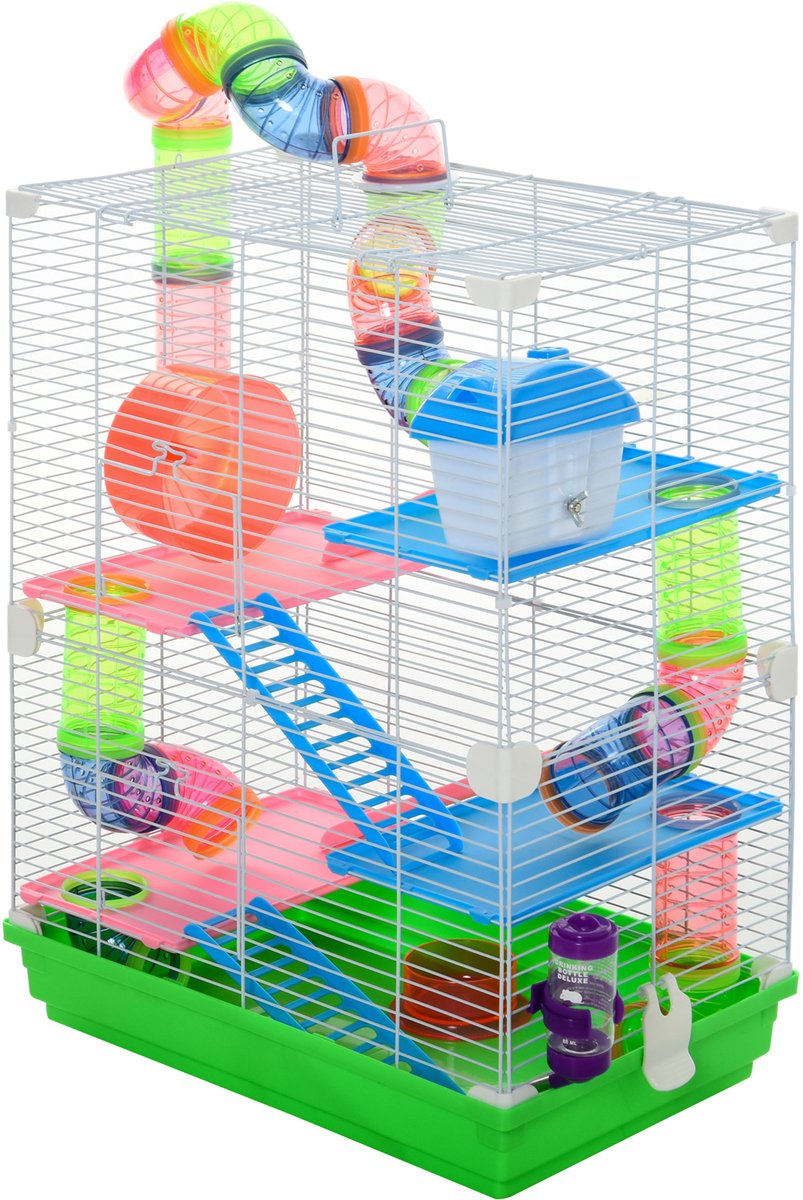 Hamsterkooi met 5 niveaus - gerbilkooi met buiswielen-tunnel-waterfles-Voedingsapparatuur-een huis-een trap - 46L x 30l x 58H cm - Groen