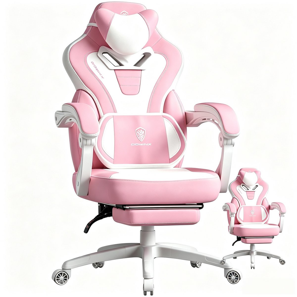 Gamingstoel met voetsteun‑ Ergonomische bureaustoel‑ Verstelbare rugleuning 90‑145°‑ Massagefunctie 150 kg‑ Voor gamen en werken‑ 65x54x121 cm‑ Roze en wit