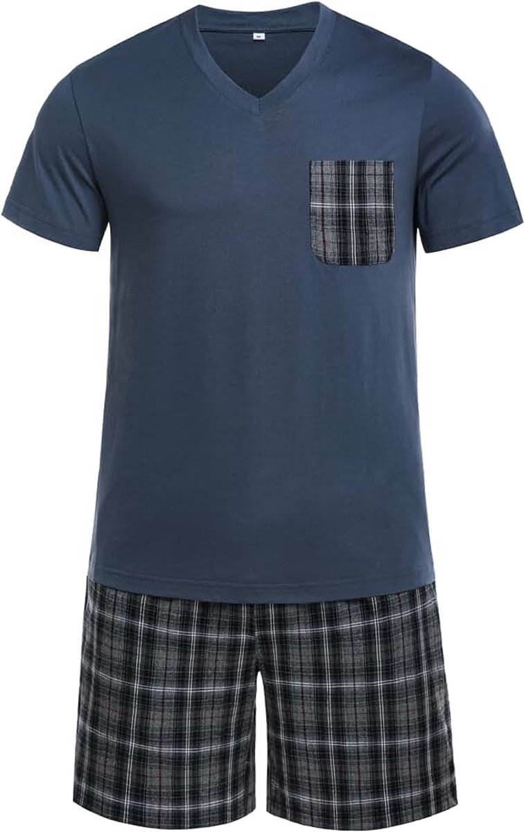 Korte pyjama, 100% katoen, korte mouwen, nachtkleding, shorty pyjama, nachthemd, set met geruite broek