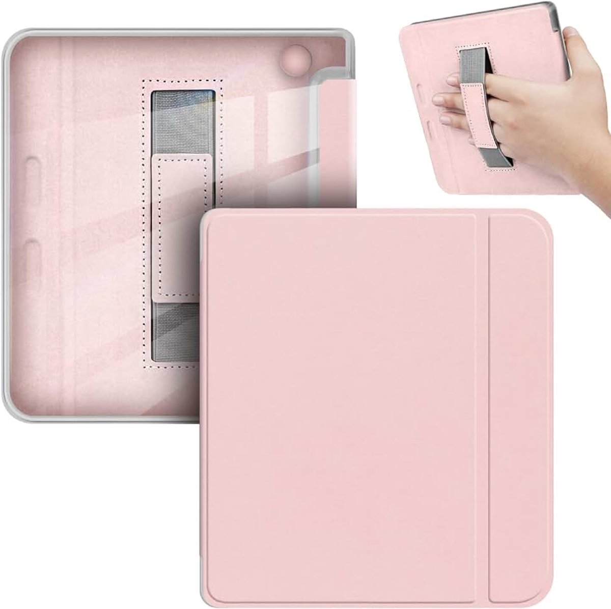 Beschermhoes compatibel met Tolino Vision Color/Vision 6, klaphoes van leer, met polsband, transparante achterkant van PC TPU - roze