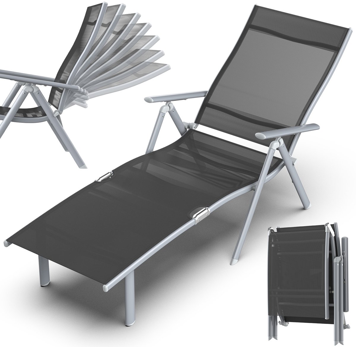 Arvioo - Ligbed - 7‑standig verstelbaar - Opvouwbaar - Zwart - Max 150kg