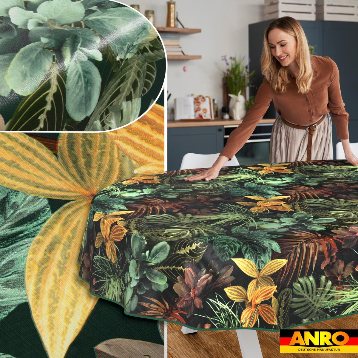 ANRO Tafelkleed Tropische bladeren Bruin Ovaal 200x140cm Met sierband Afwasbaar Waterafstotend