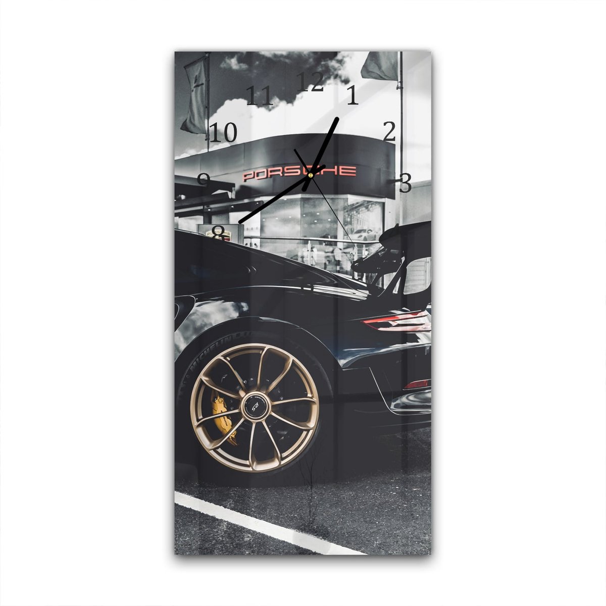 Mydesignglas Grote Glazen Wandklok XXL Porsche GT3 RS Zwart - Verticaal 30x60 cm - Stille Klok voor Woonkamer & Keuken - Modern Design - Gehard Glas