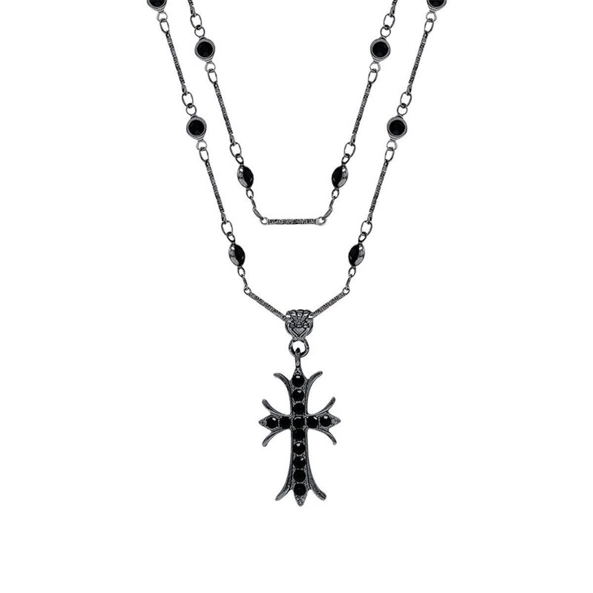 Helin Life Klassieke ketting - Retro zwarte dubbellaagse kruisketting - Dark Punk-stijl, volledig bezet met zwarte zirkonia, dubbellaagse ketting tot op het sleutelbeen - In geschenkverpakking met wenskaart - Cadeau voor dames