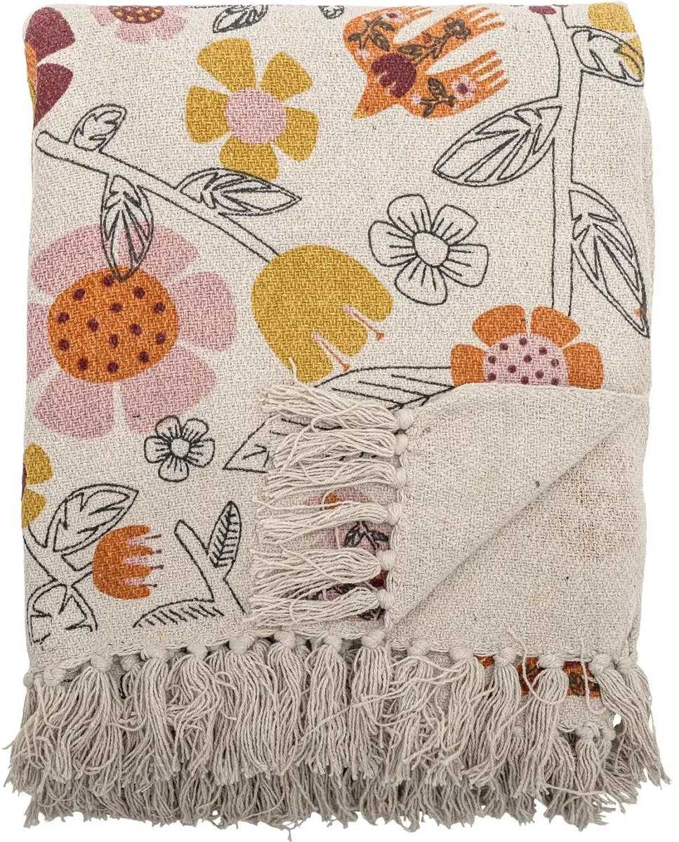 Bloomingville Plaid Vivielle - Gerecycled Katoen - 160x130cm - Beige Bloemenprint