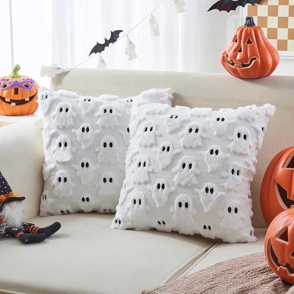 Ulisem - Halloween kussensloop - 2 stuks vierkante 45x45 cm kussenslopen - Met spook ontwerp - Zachte maar stevige stof - Inclusief verborgen rits - Machinewasbaar - Geschikt voor bank en terras - Cadeau voor halloween liefhebbers