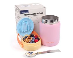 DAITORE - RVS Thermos Voedselcontainer - 450ml - met Lepel - Lekvrij - Warm/Koud - Thermos Lunchpot - voor gerechten, babyvoeding, soep, pap, yoghurt - Thermoskan - Yoghurt beker to go - Roze