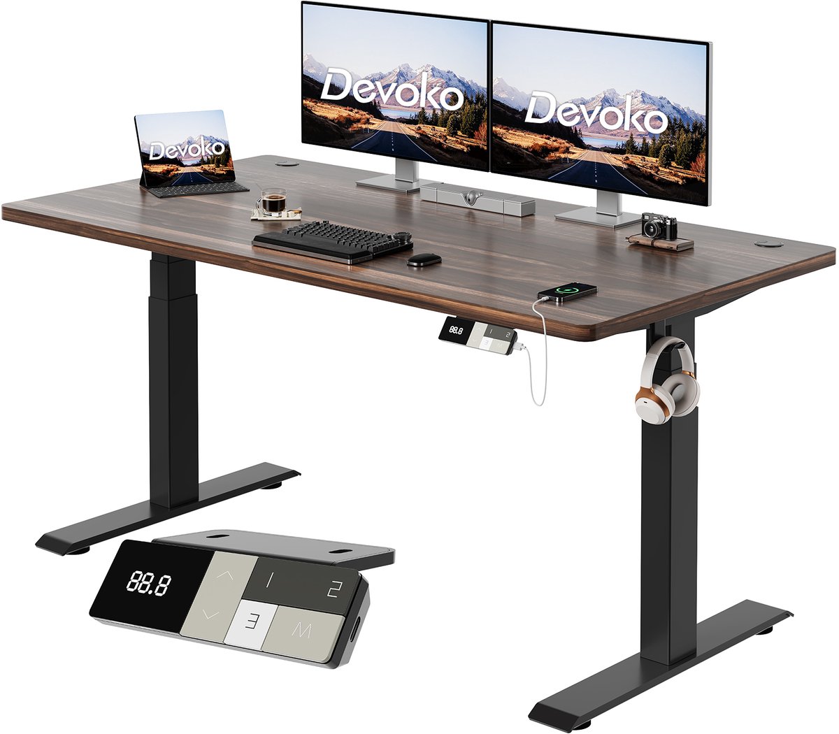 Devoko Elektrisch Zit-Sta Bureau 160x80 cm - Elektrisch Verstelbaar Bureau - In Hoogte Verstelbaar 63-128 cm - 25 mm FSC Tafelblad - Dubbele Motor - 125 kg - Walnoot/Zwart