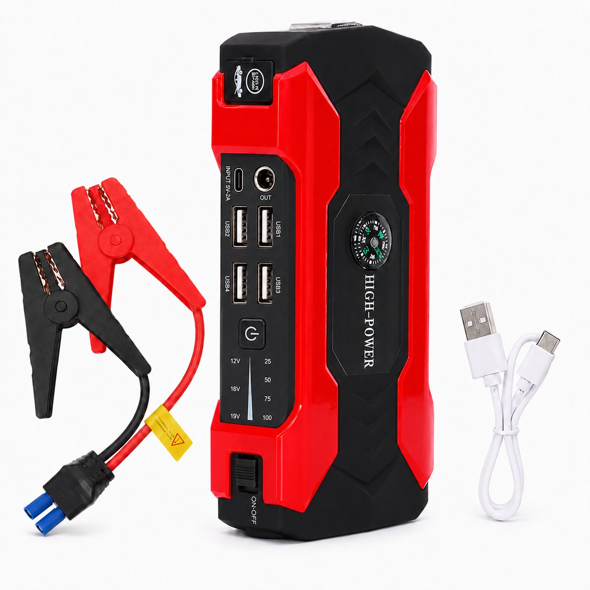Auto Jumpstarter 12V 800A– Voor Benzine tot 8.0L en Diesel tot 7.0L – Powerbank met Digitaal Display, 4 USB-poorten, LED-noodlamp, Veiligheidshamer, Kompas en Opbergkoffer – Rood/Zwart