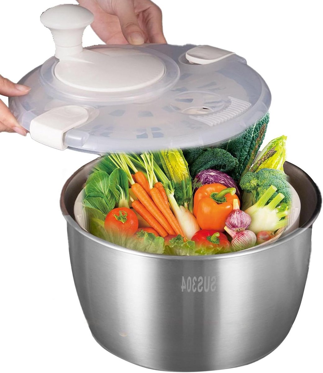 Salade Spinner Groot - Sla Droger - Groenten Wassen - Antislip Bodem - 5 Liter - Zilver