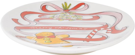Wit Blond Amsterdam bord met kerstillustraties, rood lint, maretak en een peperkoekmannetje met tekst Merry Christmas.