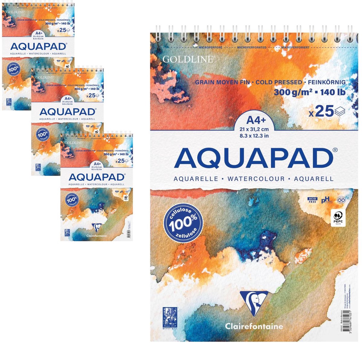 Clairefontaine Goldline Aquapad – A4 – 300 g – Spiraalblok – Aquarelpapier – 25 Vel – 4 Blokken