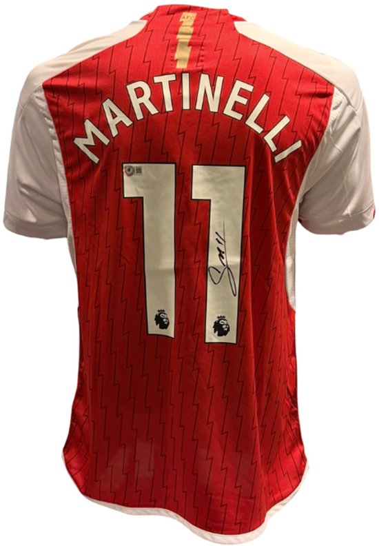 Achterkant van een rood en wit Arsenal voetbalshirt met de naam "MARTINELI " en nummer "11" erop. Gesigneerd.