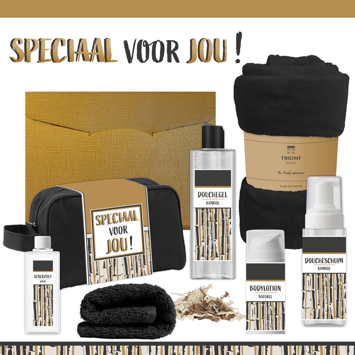 Geschenkset “Speciaal voor jou!” - 7 producten - 1390 gram | Giftset voor hem Vader Papa Cadeau Luxe Wellness Pakket Man Speciaal Cadeaupakket Doos Handdoeken Fleecedeken Geschenk Cadeaudoos Verjaardag Vaderdag Gift Set Douche Zwart Goud