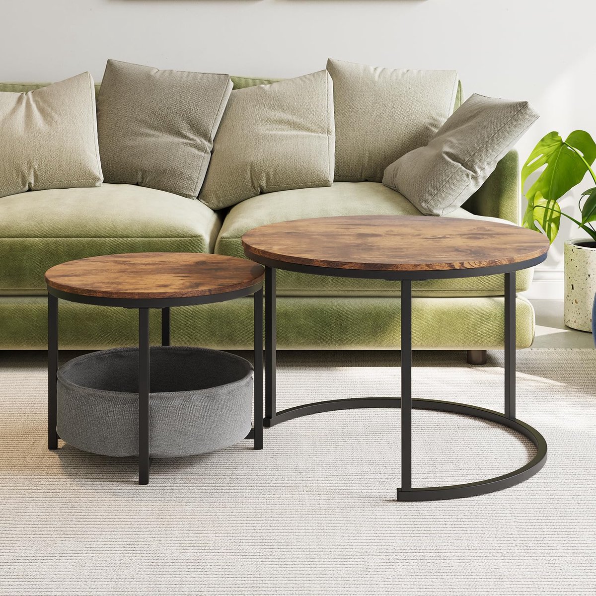 Salontafel Set Van 2 - Ronde Bijzettafels Met Houten Blad - Industrieel Design - Metalen Frame - Met Opbergtas