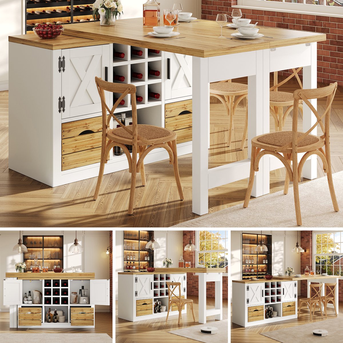 Multi-functionele Eettafel met Sideboard - Modern Design - Wit - Draaibare Tafelblad