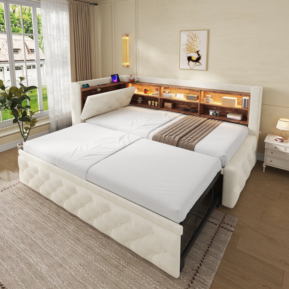 Slaapbank 90x190 cm - Uitschuifbare Bedbank Met Opbergruimte, LED, USB En Type-C - Beige