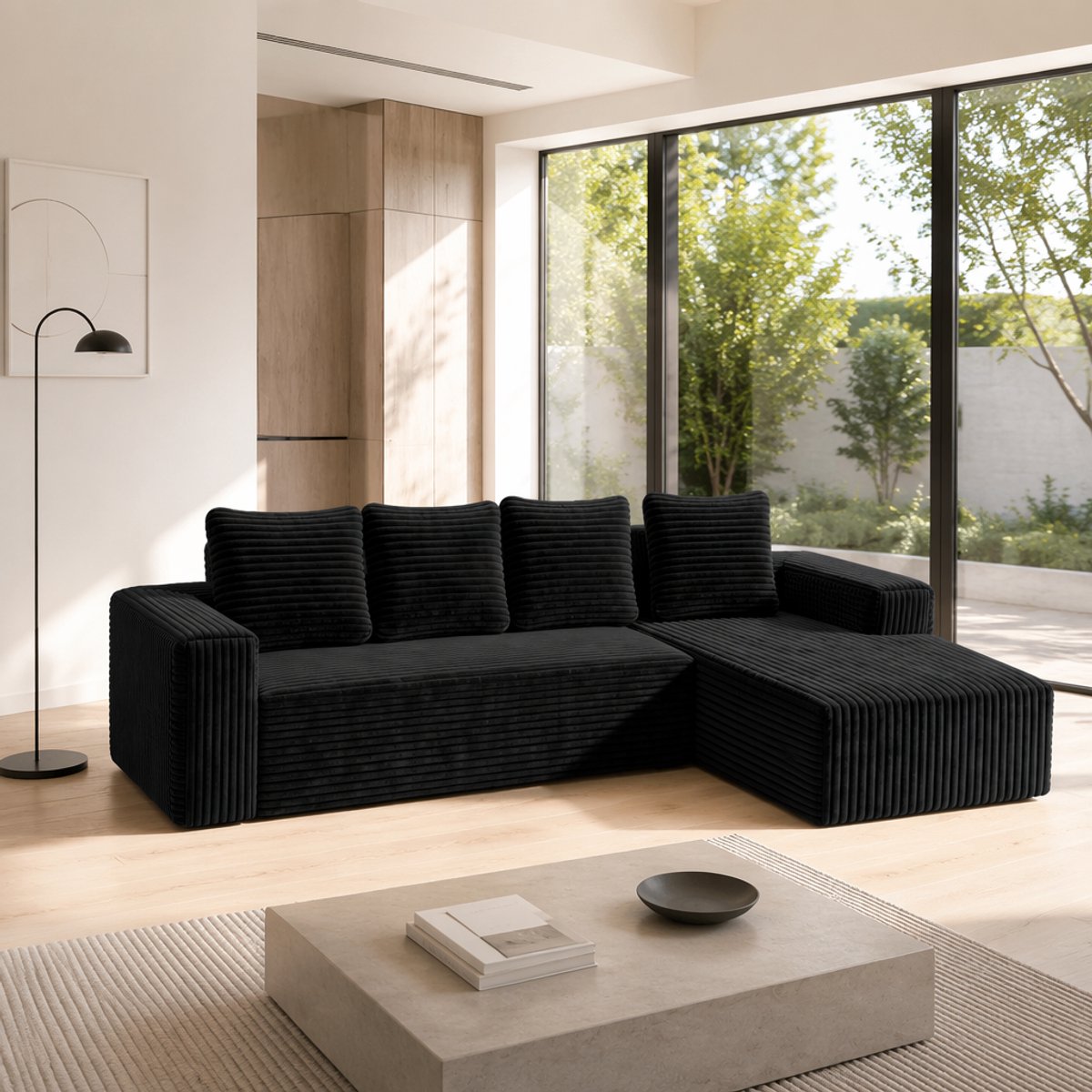 Cloud Sectional Couch met L-vormige bank - Modern, diepe zitplekken in Plush Corduroy zwart - 261x168x58 cm