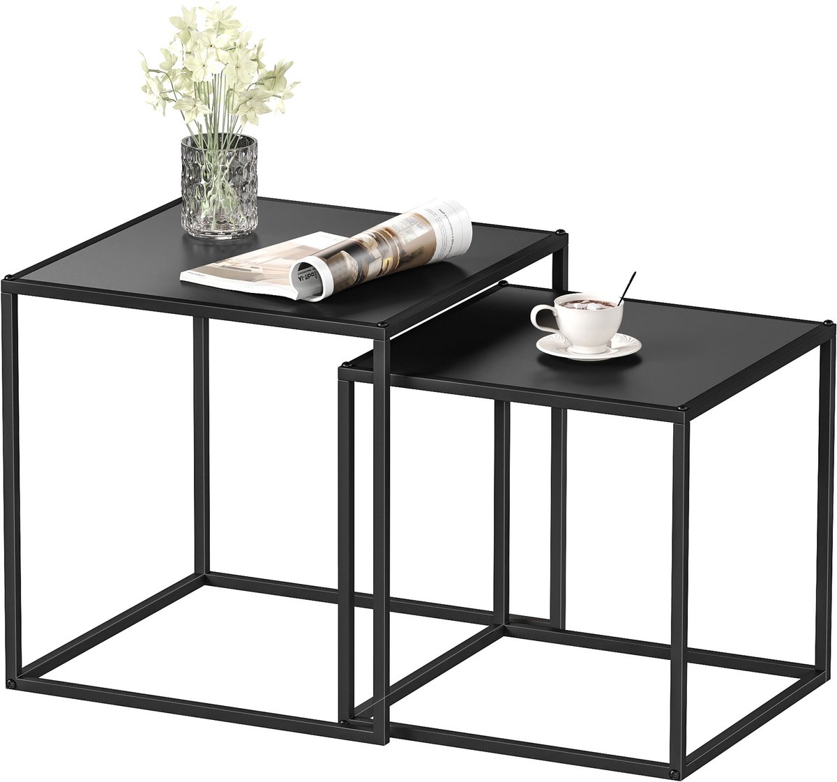 Bijzettafel set van 2, stapelbaar, salontafel 2 groottes, 40 en 35 centimeter, vierkant, Industriële stijl, mat, metaal, woonkamer, hal, zwart