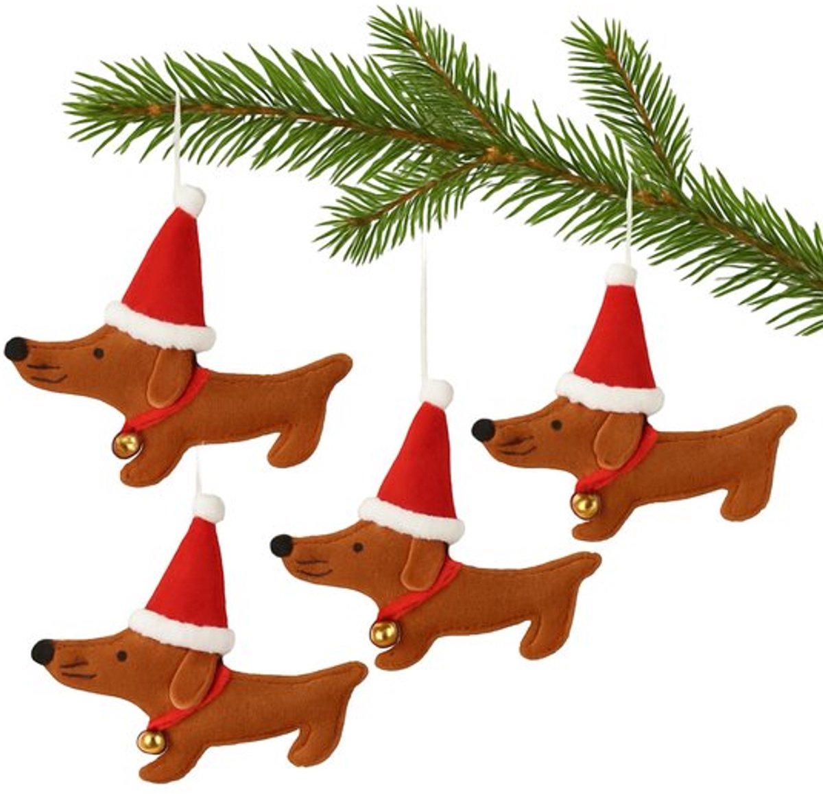 Kerstboomhangers Set van 4 - Teckel met Kerstmuts - Handgemaakte Versiering - Decoratieve Hanger - 14 cm - Zacht Polyestervilt - Kerstdecoratie