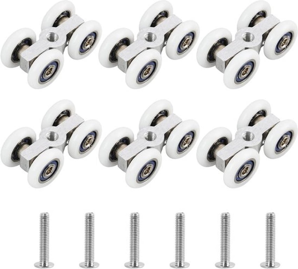 Schuifdeurwielen Set van 6 - Stille Wieltjes - M6-Schroefdraad - Zinklegering - Diameter 20 mm - Geschikt voor Glazen Deuren - Rolwielen