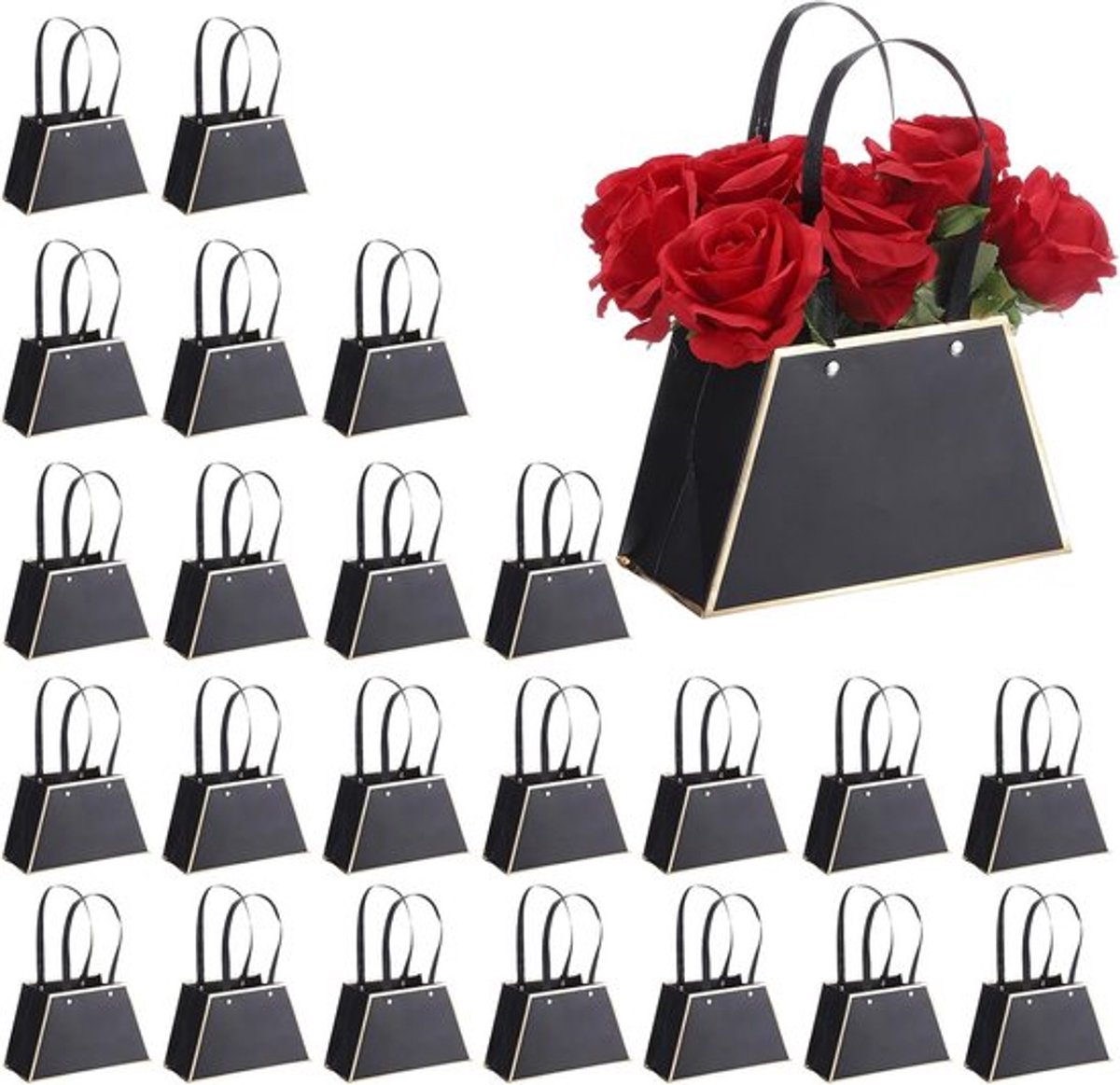 24 Stuks Papieren Bloemengeschenkzakken met Handvat voor Bruiloft en Feest, Zwart Metalen Ketting Draagtas voor Bloemisten en Cadeaus