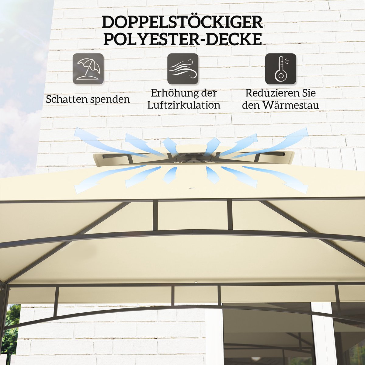 DESMIU Barbecue Overkapping – Dubbel Dak 240 x 150 x 257 cm – Staal En Polyester – Beige – Met Zijplanken Voor Buiten Koken