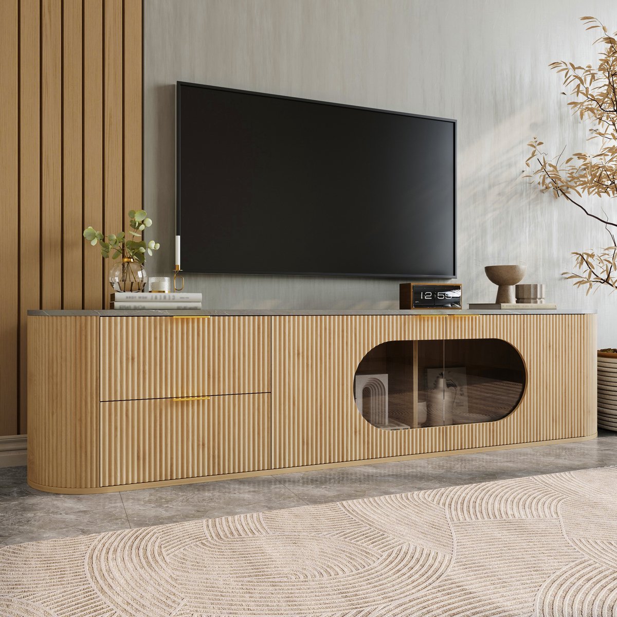 DESMIU Tv Meubel - Ovale Vitrinedeur En 3D Fronten - Veel Opbergruimte Voor Woonkamer - MDF En Glas - 172x38x45,5 Cm - Naturel