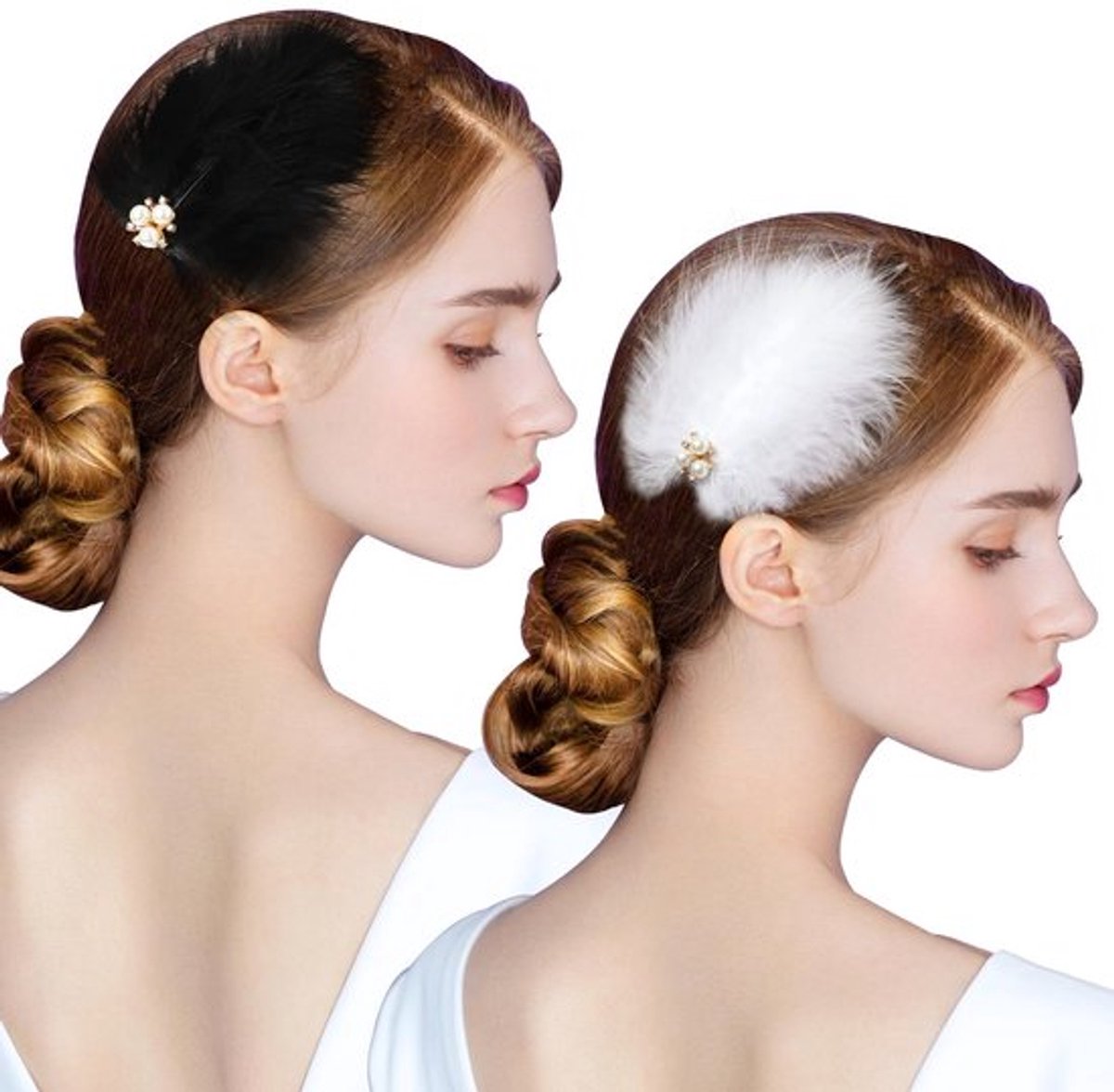 Haarclips 2-delig - Veer Haarspeld - Fascinator Dames - Strass Steentjes - Parel Hoofddeksel - Natuurlijke Veer