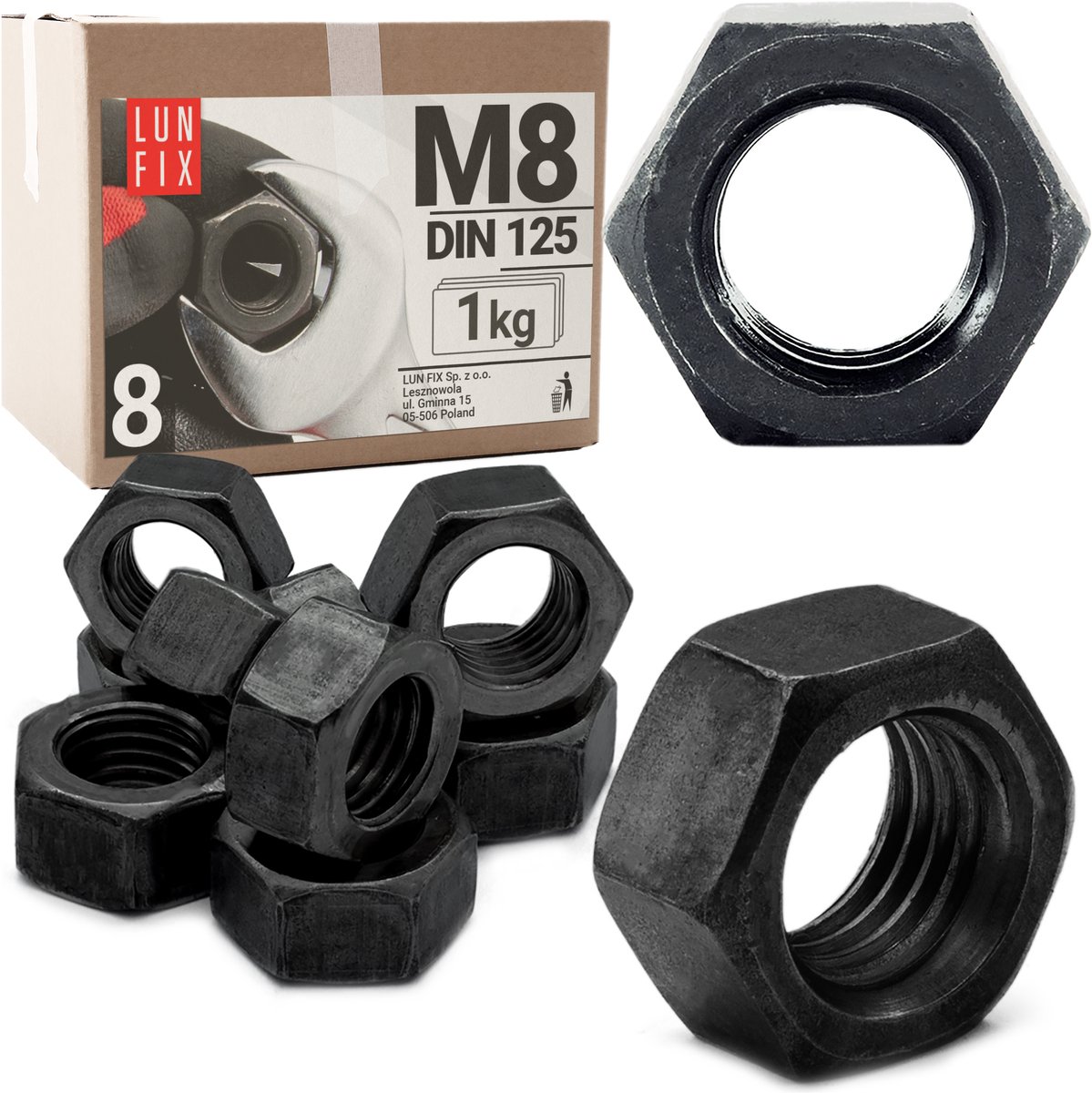 LUN FIX - Zeskantmoer M8 zwart - 1 kg (ca. 200) - DIN 934 - Sterkte 8 - Verzinkt staal