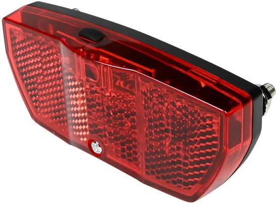 Rood fietsachterlicht met reflector, zwarte rand en montagebeugel.